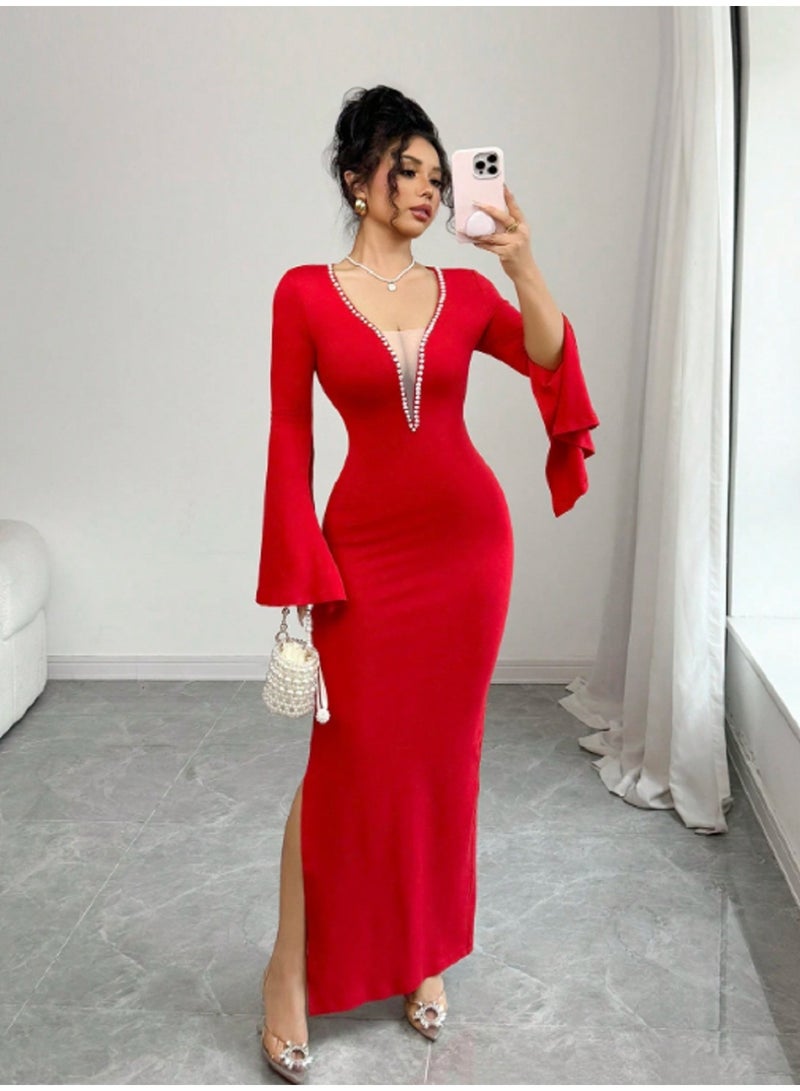 MANIKAN women's Dress, Elegant Evening Dress, Pearl-Trimmed V-Neck, Bell Sleeves, Side Slit Maxi Length - Image 1