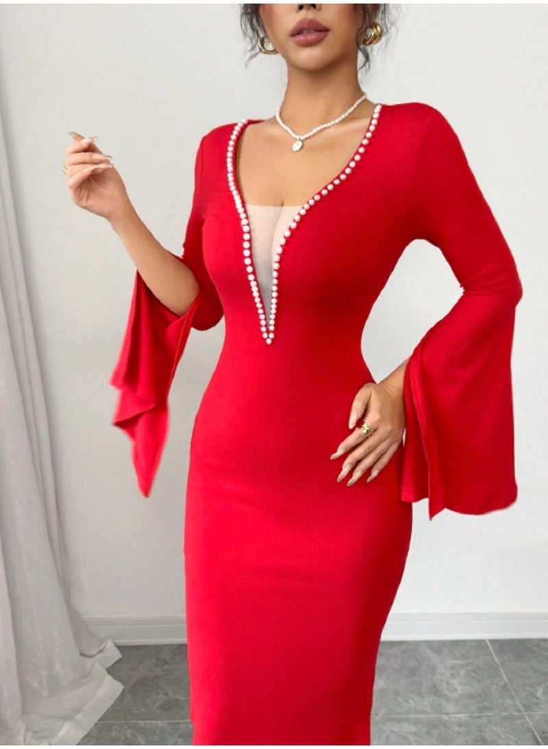 MANIKAN women's Dress, Elegant Evening Dress, Pearl-Trimmed V-Neck, Bell Sleeves, Side Slit Maxi Length - Image 4