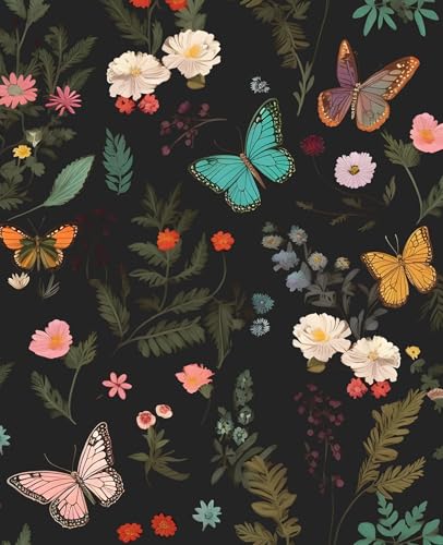 VOLEAAR Extra Long Black Butterfly Peel and Stick Wallpaper, 17.5In x 393In Boho Dark Floral Self-Adhesive Vinyl Contact Paper, Vintage Removable Wallpapers for Bedroom Shelves Cabinets Colorful - Image 1