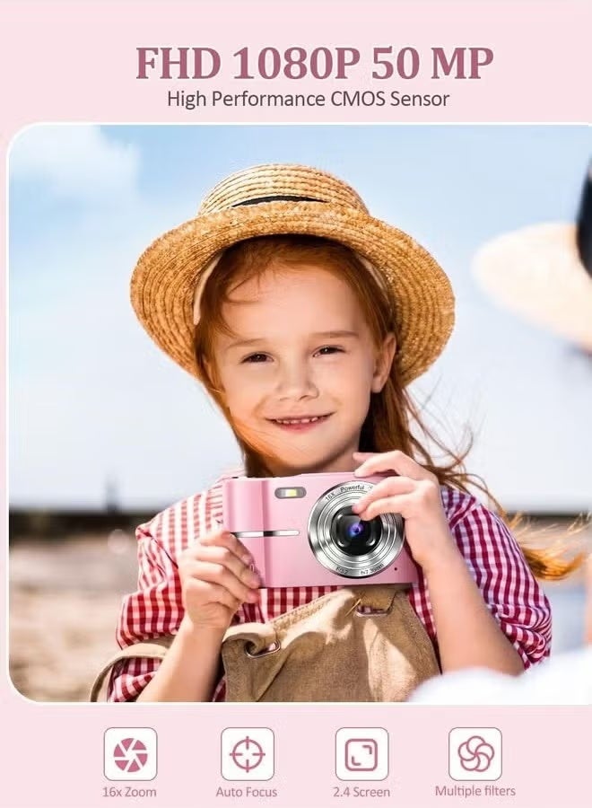 ZONBON Digital Camera, 50MP Cameras Digital with 64GB SD Card, 1080P Camera with 16x Zoom, Compact Camera Anti Shake for Kid Student Children Teen Girl Boy, Kids Camera with 2 Batteries - Image 2