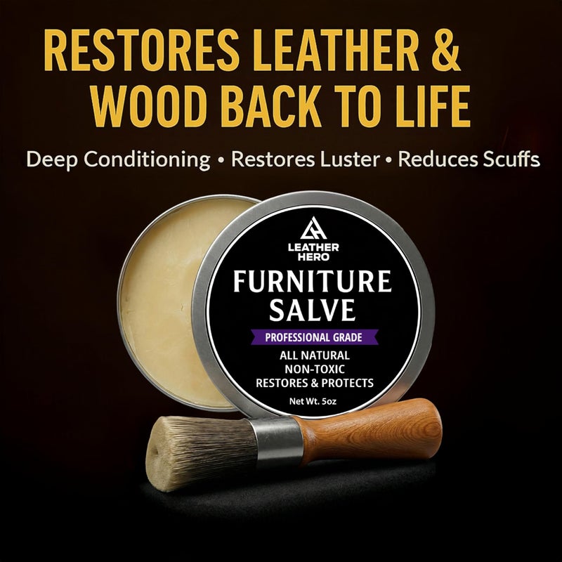 Leather Hero 3-in-1 Furniture Salve for Leather & Wood â€“ Polisher, Conditioner, & Restorer for Couches and Furniture- Leather Repair Salve with Brush & Buffing Pad- 5oz - Image 2