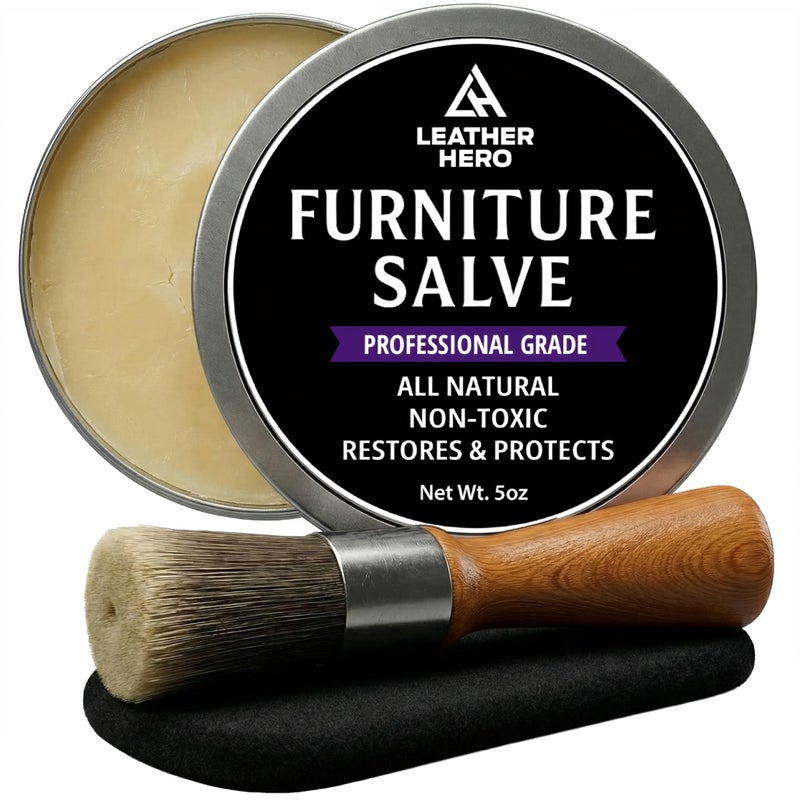 Leather Hero 3-in-1 Furniture Salve for Leather & Wood â€“ Polisher, Conditioner, & Restorer for Couches and Furniture- Leather Repair Salve with Brush & Buffing Pad- 5oz - Image 1