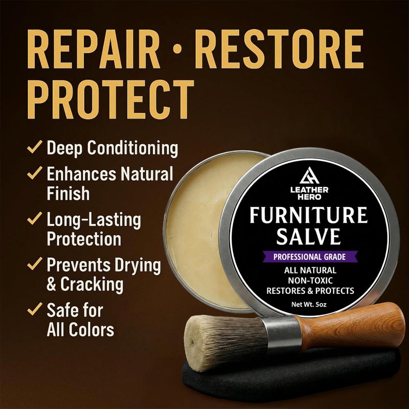 Leather Hero 3-in-1 Furniture Salve for Leather & Wood â€“ Polisher, Conditioner, & Restorer for Couches and Furniture- Leather Repair Salve with Brush & Buffing Pad- 5oz - Image 5