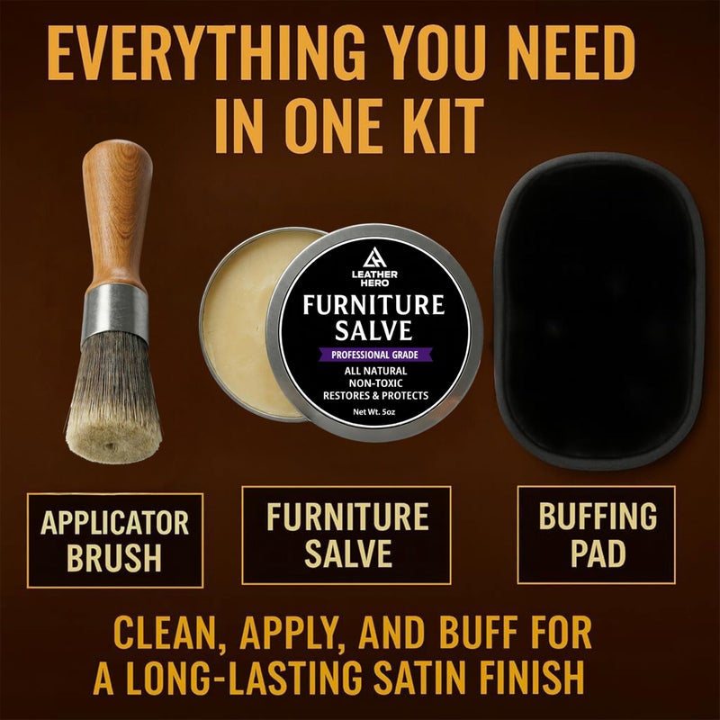 Leather Hero 3-in-1 Furniture Salve for Leather & Wood â€“ Polisher, Conditioner, & Restorer for Couches and Furniture- Leather Repair Salve with Brush & Buffing Pad- 5oz - Image 3