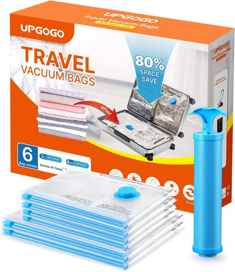 UPGOGO أكياس التفريغ للسفر للأمتعة، أكياس التفريغ للسفر مع مضخة يدوية، أكياس الختم التفريغي للملابس، أكياس تخزين التفريغ الموفرة للمساحة، أساسيات السفر، ملابس، بطانيات، وسائد (مجموعة 6 قطع) - Image 1