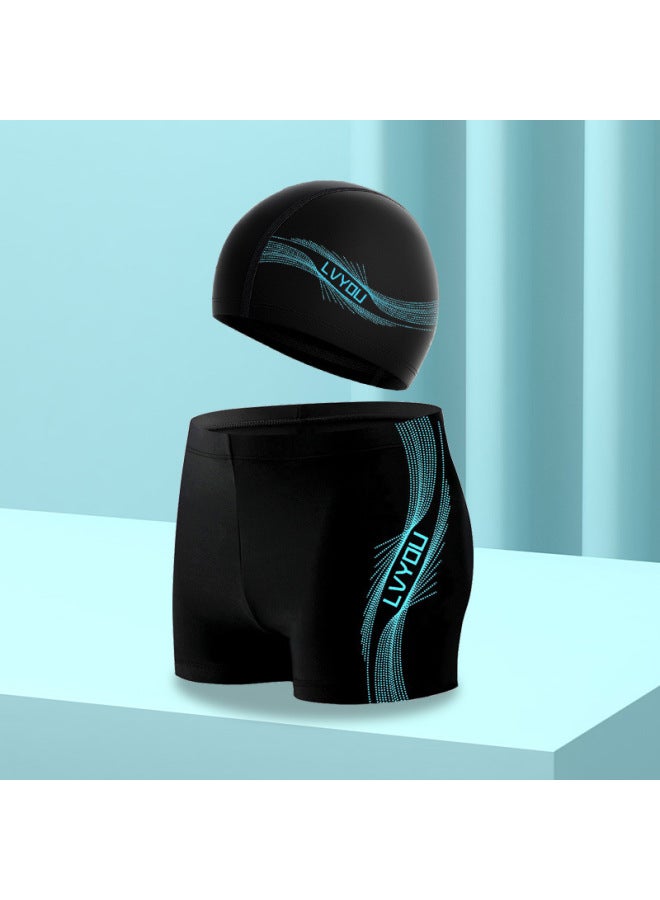 Loquat 【Wholesale】 Men's Swimming Trunks Five-point Boxer Fashion Large Size Hot Spring Swimming Trunks Fashion Three-dimensional Printing-Color:8701-3# Boxer Blue Line Pants Cap- - Image 1