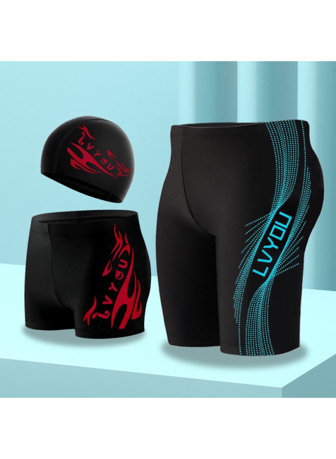 Loquat 【Wholesale】 Men's Swimming Trunks Five-point Boxer Fashion Large Size Hot Spring Swimming Trunks Fashion Three-dimensional Printing-Color:8701-3# Boxer Blue Line Pants Cap- - Image 2