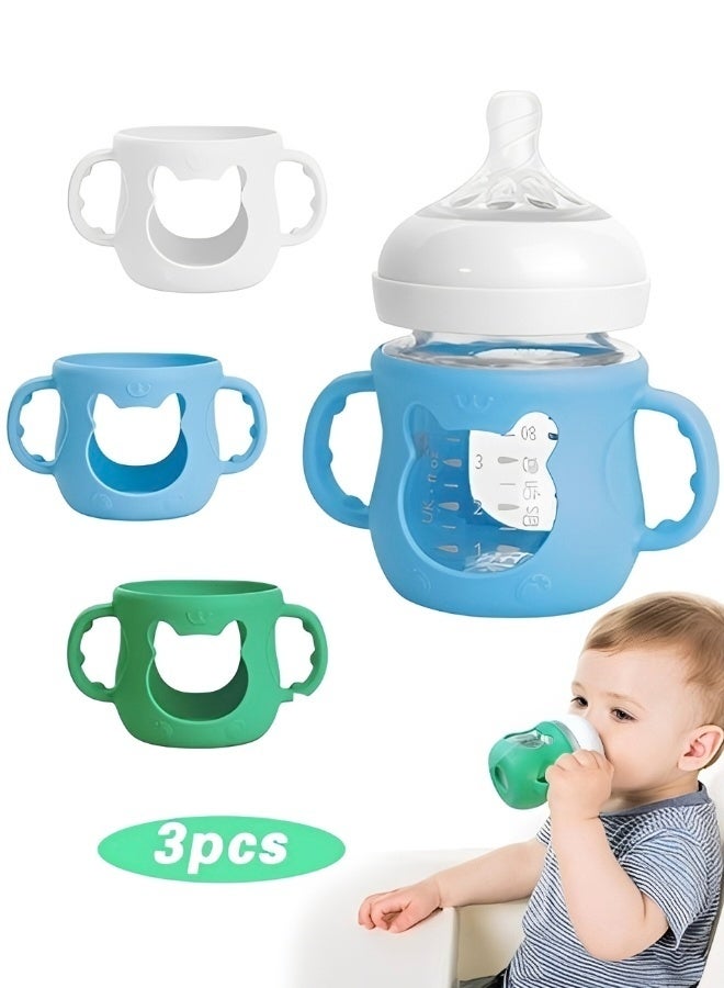 3 Packs Silicone Sleeves for Avent Natural Glass Baby Bottles Anti Breakage Baby Bottle Sleeves with Handles Compatible Philips Avent Glass Natural Baby Bottle 4 oz(White+Blue+Green) - Image 1