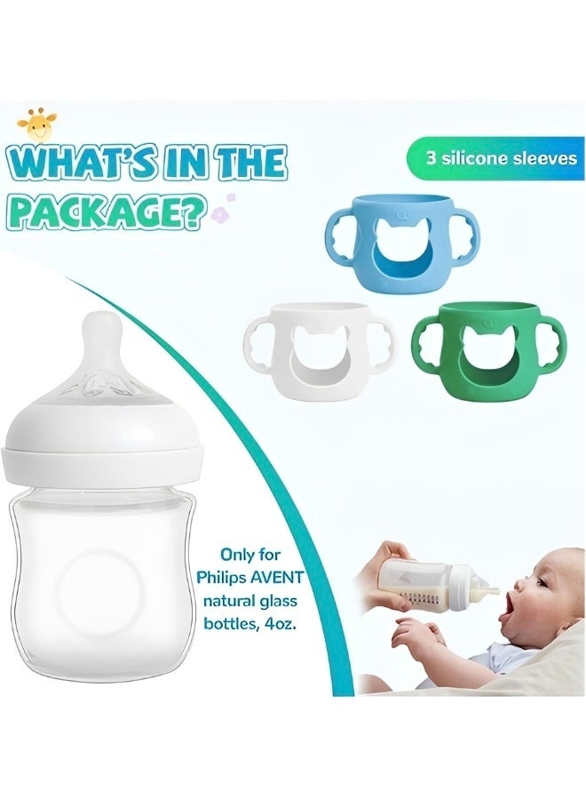 3 Packs Silicone Sleeves for Avent Natural Glass Baby Bottles Anti Breakage Baby Bottle Sleeves with Handles Compatible Philips Avent Glass Natural Baby Bottle 4 oz(White+Blue+Green) - Image 2