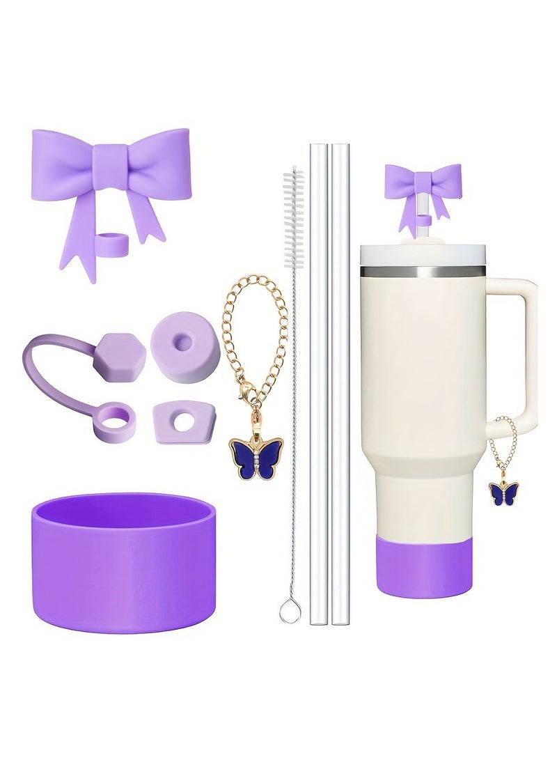 Stanley Cup Accessories Set,2Pcs Bow Straw Cover Caps Straw Toppers,1Pcs Cute Bow and Heart Handle Charm and 1Pcs Bow Silicone Boot for Stanley 30&40oz Tumbler (Purple) - Image 1