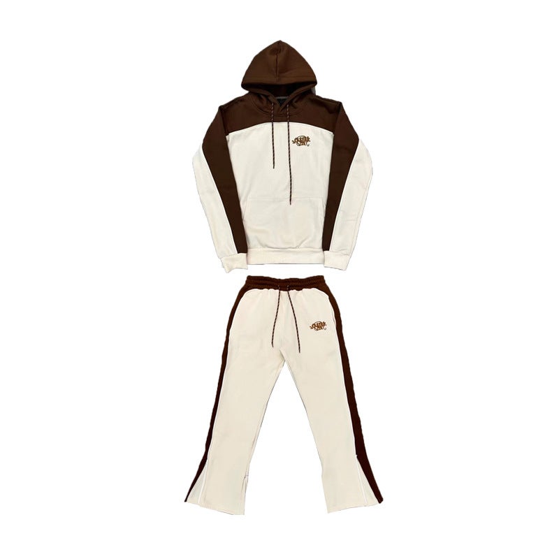 Beautiful Trendy Syna World Chest Small Logo Letter Loose Casual Stitching Sports Hooded Printed Sweatshirt for Men and Women Coffee white splicing 