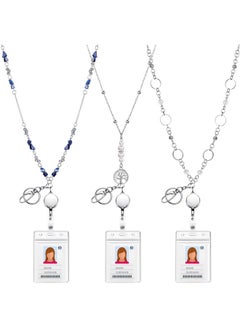 Zonon 3 Sets Retractable Badge Reel Lanyard With Id Holder Beaded Lanyards Stainless Steel Id Badge Necklace For Woman Girl Office (Beaded Style)  - Image 1