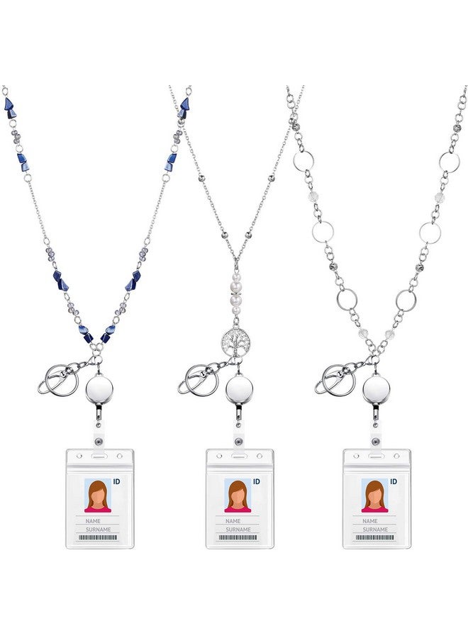 Zonon 3 Sets Retractable Badge Reel Lanyard With Id Holder Beaded Lanyards Stainless Steel Id Badge Necklace For Woman Girl Office (Beaded Style)  - Image 1