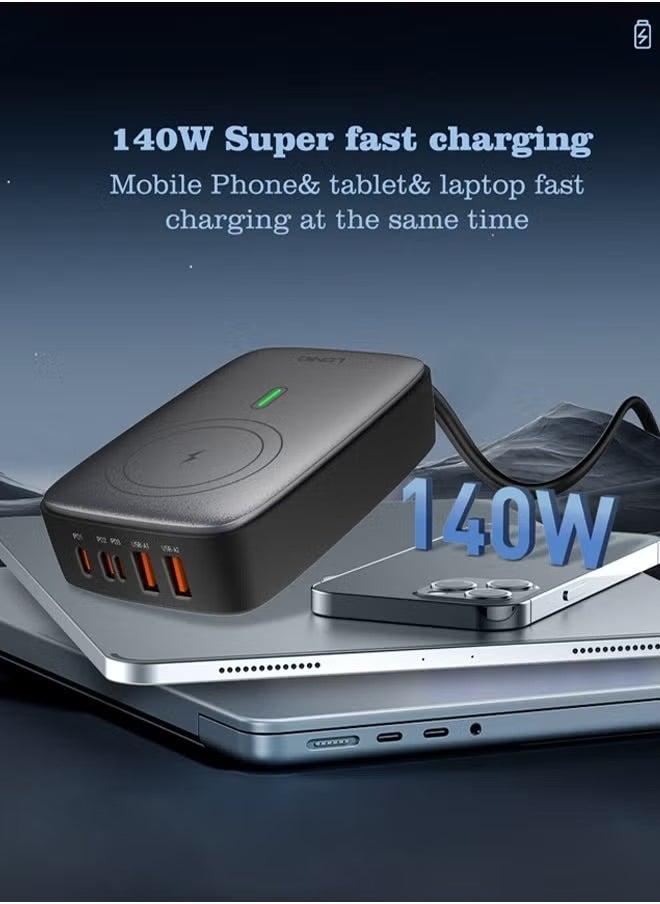 ELTRAZONE - 140W Wireless Charging Adapter – Multiport Desktop Charging Hub with 2 USB-C, 2 USB-A, & Wireless Fast Charging Pad – High-Speed Charging for Smartphones, Tablets, Laptops & More – Smart Power Distribution, Sleek Design – Black - Image 1