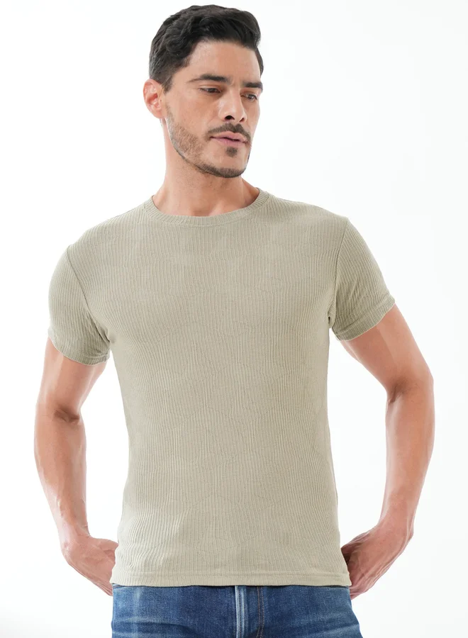 تايك تو Olive Solid Round Neck Ribbed Knit T-Shirt By Reprise