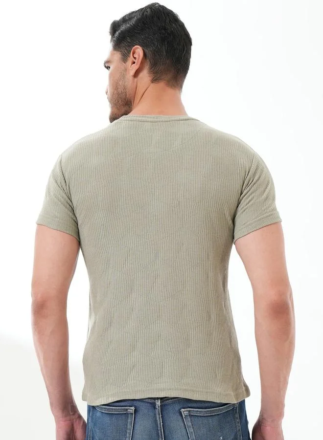 تايك تو Olive Solid Round Neck Ribbed Knit T-Shirt By Reprise