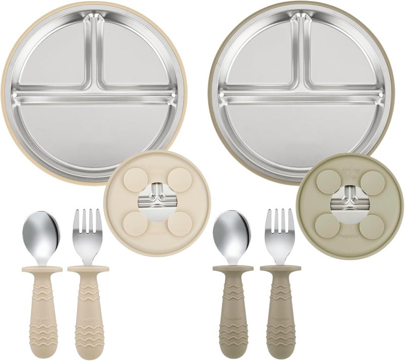 PandaEar 2 Pack Stainless Steel Baby Suction Plates  2 Pack Spoons and Forks Set Toddler Utensils Baby Feeding Set Divided Plates for Baby Led Weaning Supplies BPAFree TanWalnut - Image 1