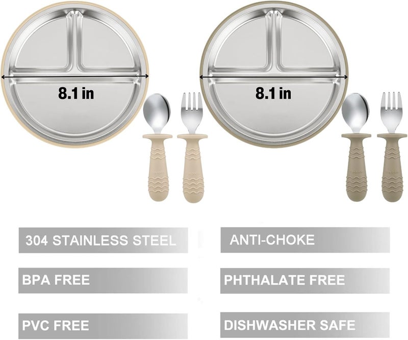 PandaEar 2 Pack Stainless Steel Baby Suction Plates  2 Pack Spoons and Forks Set Toddler Utensils Baby Feeding Set Divided Plates for Baby Led Weaning Supplies BPAFree TanWalnut - Image 3