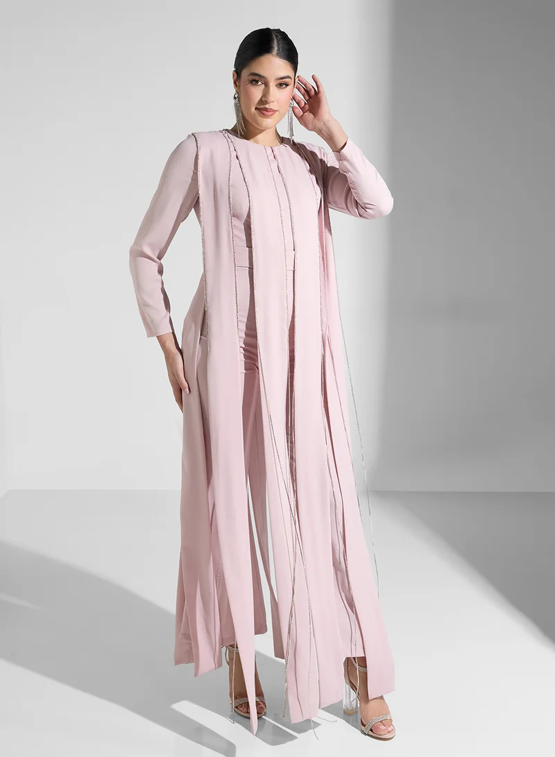 Akadia Fashion round neck crystals details jumpsuit