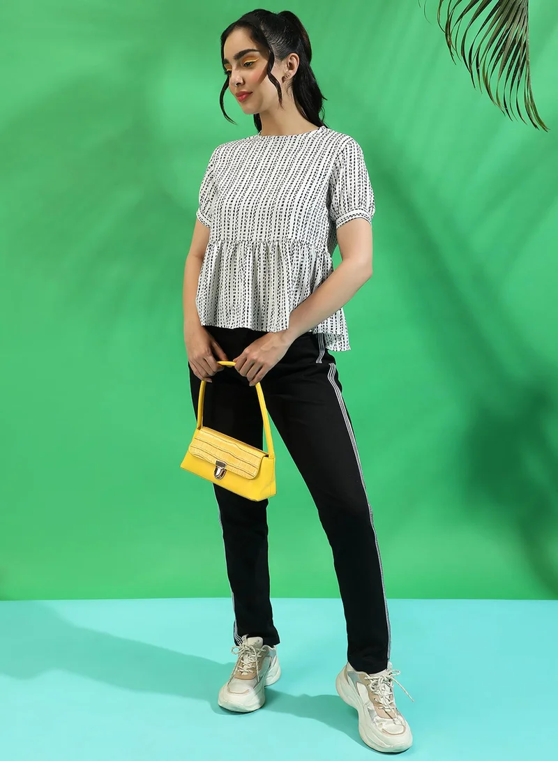 بينيا كولادا PINACOLADA Women's White Printed Peplum Top For Casual Wear | Crew Neck | Short Sleeve | Crepe Top Crafted With Regular Sleeve & Comfort Fit For Everyday Wear