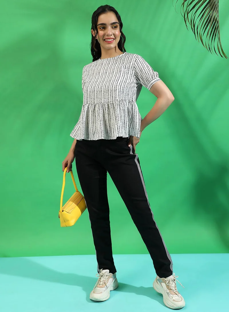 بينيا كولادا PINACOLADA Women's White Printed Peplum Top For Casual Wear | Crew Neck | Short Sleeve | Crepe Top Crafted With Regular Sleeve & Comfort Fit For Everyday Wear