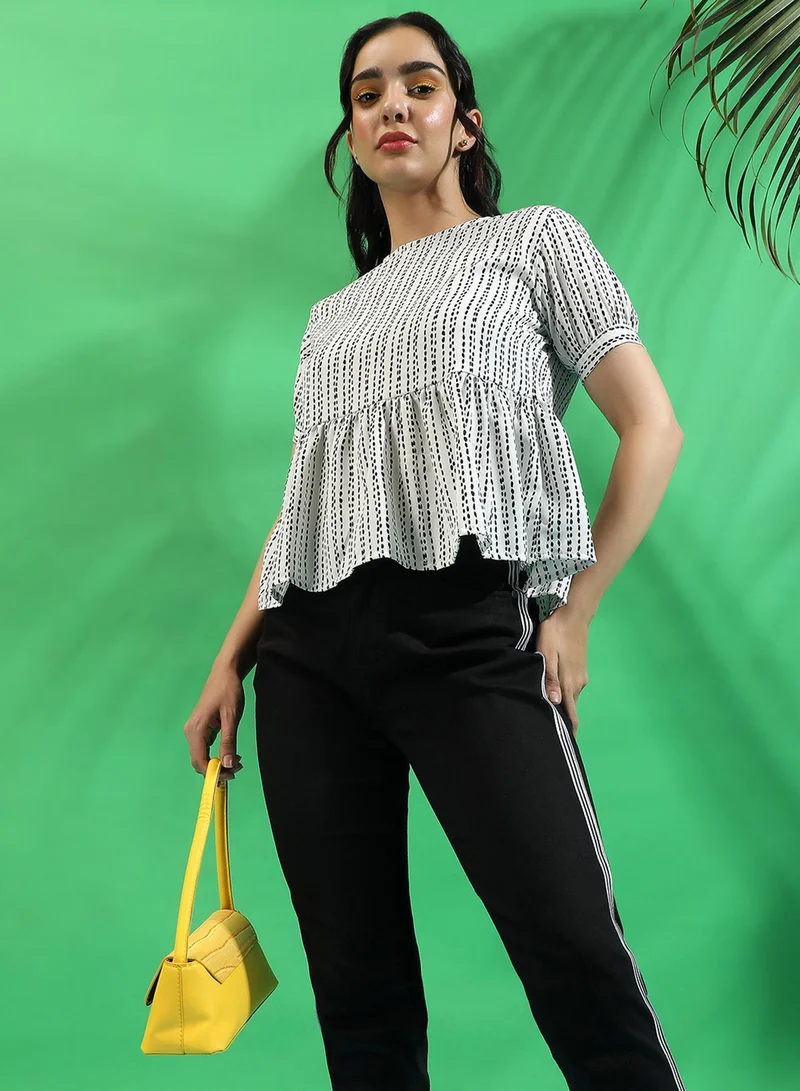 بينيا كولادا PINACOLADA Women's White Printed Peplum Top For Casual Wear | Crew Neck | Short Sleeve | Crepe Top Crafted With Regular Sleeve & Comfort Fit For Everyday Wear