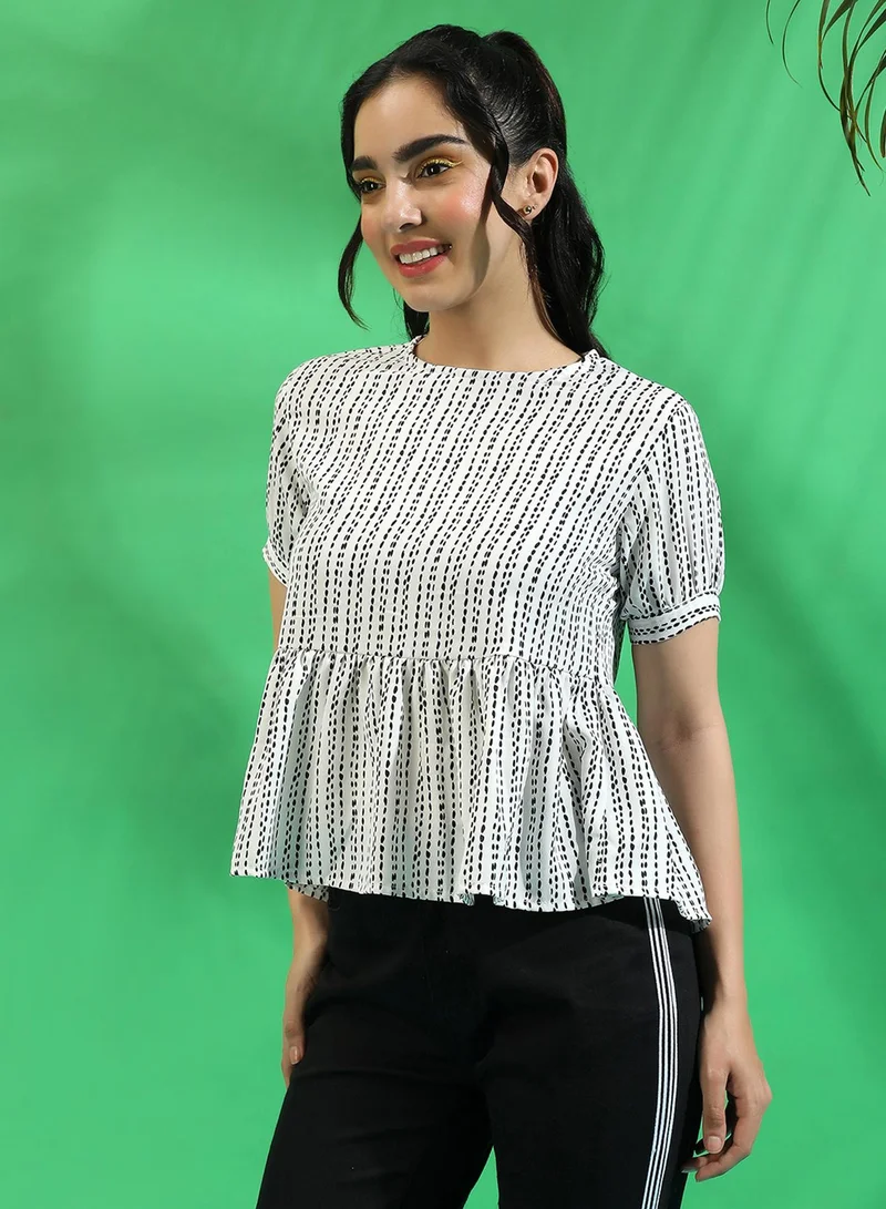 بينيا كولادا PINACOLADA Women's White Printed Peplum Top For Casual Wear | Crew Neck | Short Sleeve | Crepe Top Crafted With Regular Sleeve & Comfort Fit For Everyday Wear