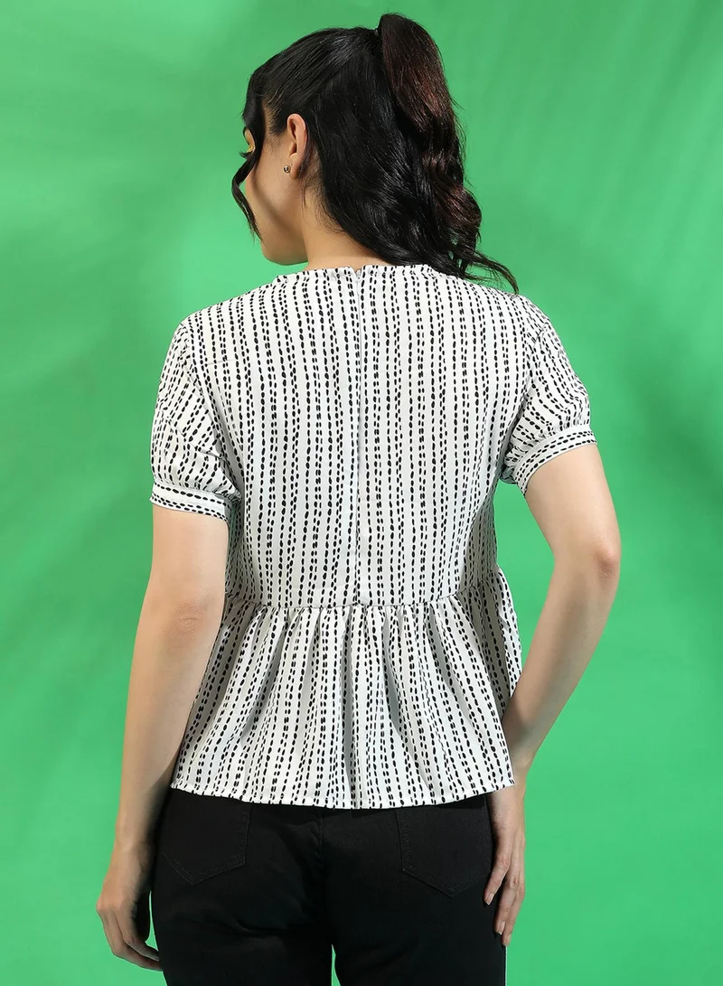 بينيا كولادا PINACOLADA Women's White Printed Peplum Top For Casual Wear | Crew Neck | Short Sleeve | Crepe Top Crafted With Regular Sleeve & Comfort Fit For Everyday Wear