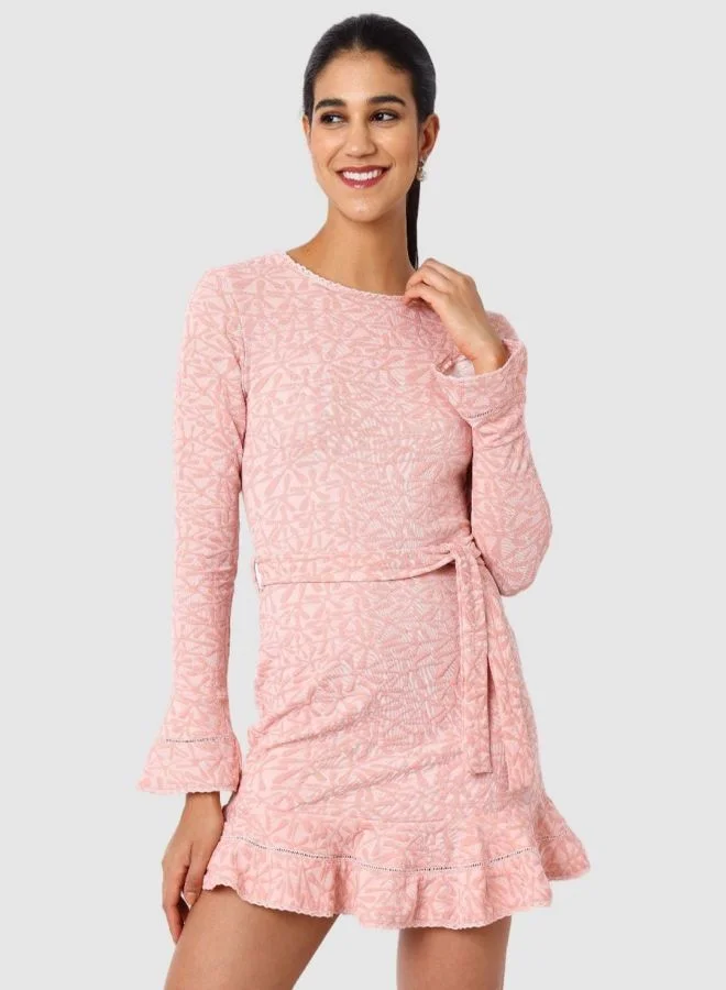Freehand  Women Regular Fit Textured Crew Neck Long Sleeve Mini Dress for Women | Best Price UAE