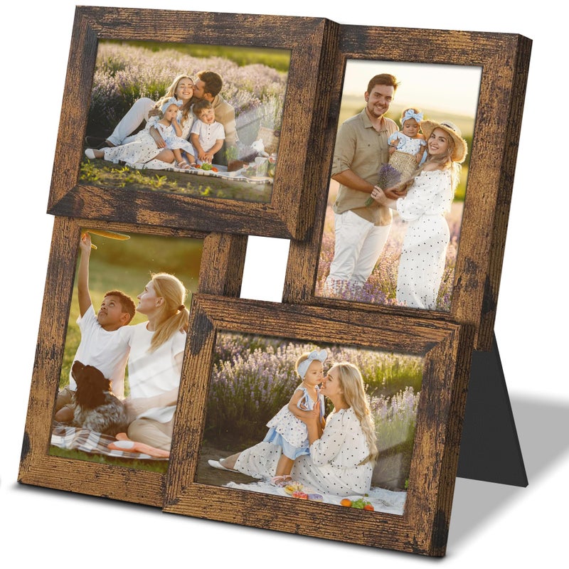 DUENPY 4x6 Collage Picture Frame Tempered Glass Front Displays Four 4x6 Photo Family Photo Collage Frame Wall Decor Wall Hanging or Tabletop Brown