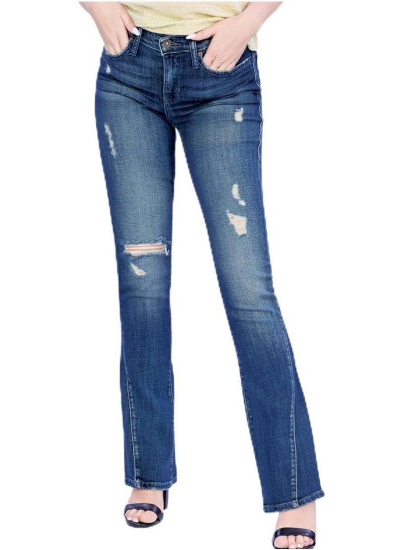 Web Denim - Web Denim Blue Highwaist Skinny Stretchable Straight Ripped Denim Flair Pant Fashionable Comfort Fit Casual Destructed Cotton Jeans With Pockets For Women - Image 1