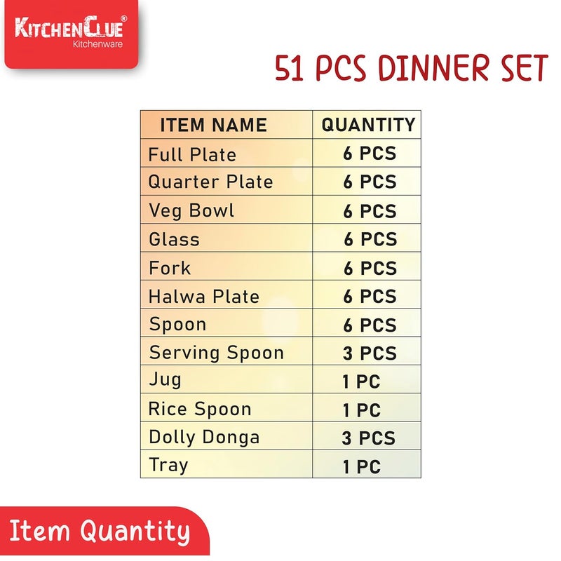 KITCHEN CLUE Kitchen Clue 202-Grade Quality Stainless Steel Dinner Set of 51 Pcs I Durable & Food Safe Steel Dinner Set I Unique Silver Ring Design On Dinner Plates, Steel Jug, Veg Bowls & Glass I Serves 6 People  - Image 2