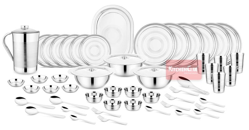 KITCHEN CLUE Kitchen Clue 202-Grade Quality Stainless Steel Dinner Set of 51 Pcs I Durable & Food Safe Steel Dinner Set I Unique Silver Ring Design On Dinner Plates, Steel Jug, Veg Bowls & Glass I Serves 6 People  - Image 1