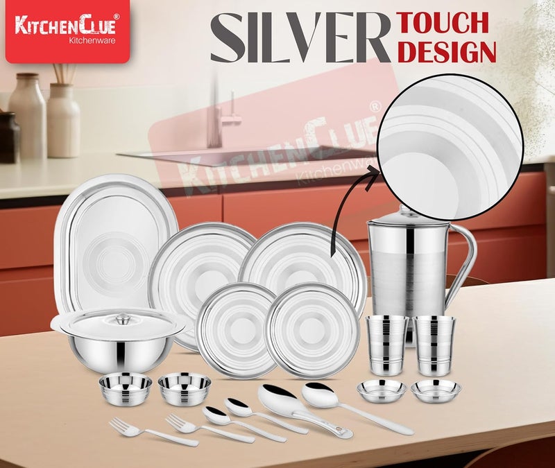KITCHEN CLUE Kitchen Clue 202-Grade Quality Stainless Steel Dinner Set of 51 Pcs I Durable & Food Safe Steel Dinner Set I Unique Silver Ring Design On Dinner Plates, Steel Jug, Veg Bowls & Glass I Serves 6 People  - Image 4