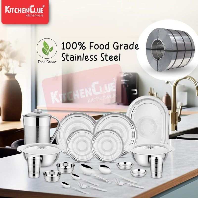 KITCHEN CLUE Kitchen Clue 202-Grade Quality Stainless Steel Dinner Set of 51 Pcs I Durable & Food Safe Steel Dinner Set I Unique Silver Ring Design On Dinner Plates, Steel Jug, Veg Bowls & Glass I Serves 6 People  - Image 5
