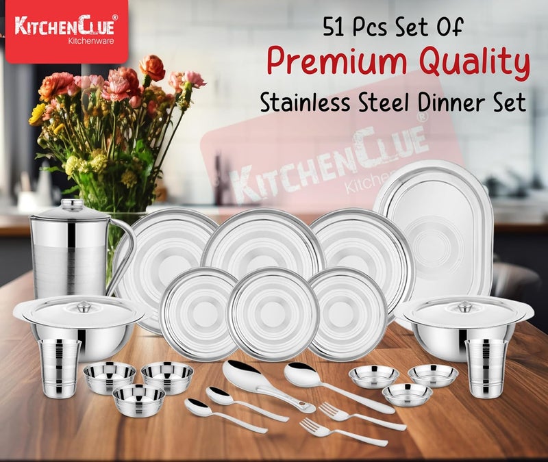 KITCHEN CLUE Kitchen Clue 202-Grade Quality Stainless Steel Dinner Set of 51 Pcs I Durable & Food Safe Steel Dinner Set I Unique Silver Ring Design On Dinner Plates, Steel Jug, Veg Bowls & Glass I Serves 6 People  - Image 3