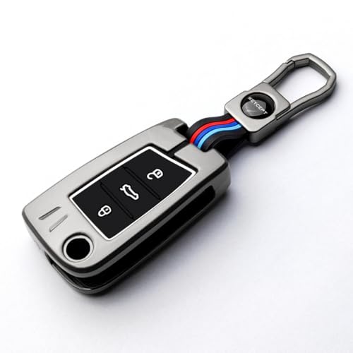 Keycept غطاء مفتاح معدني من KEYCEPT لمفاتيح سكودا وفولكس فاجن - كوشاق | أوكتافيا | كودياك | سوبر | سلافيا | باسات | تايجون | تيغوان | فيرتوس | تي روك 3 أزرار مفتاح قابل للطي مع سلسلة مفاتيح (سلسلة مفاتيح قصيرة) - Image 1