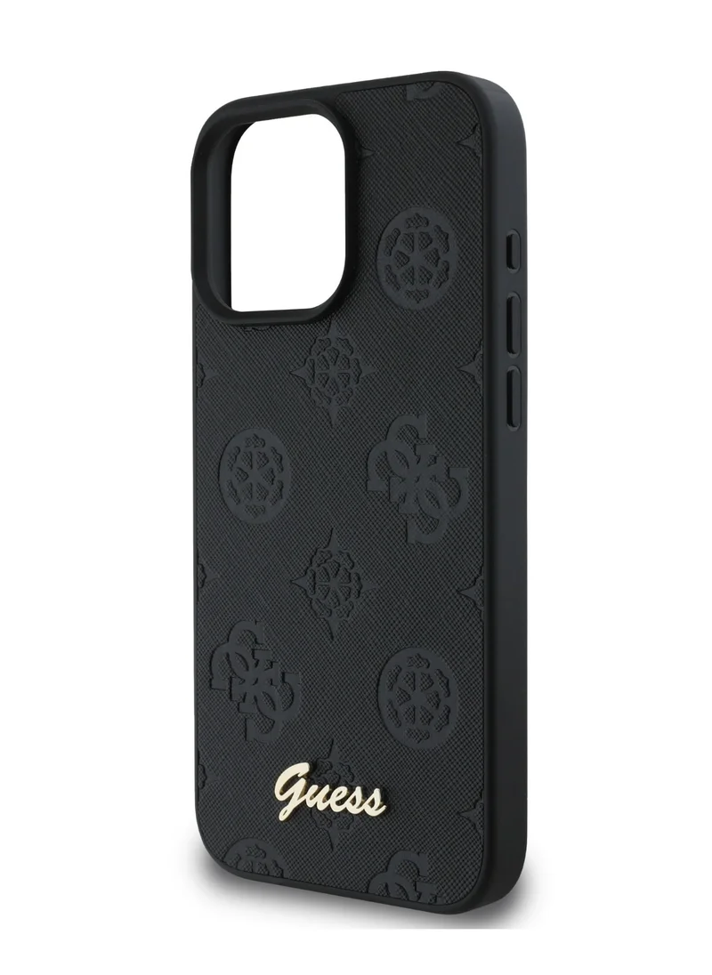 GUESS iPhone 16 Pro Max PU Case With Peony Hot Stamp and Metal Script Logo / Ultimate Protection / Durable Back Cover  - Black