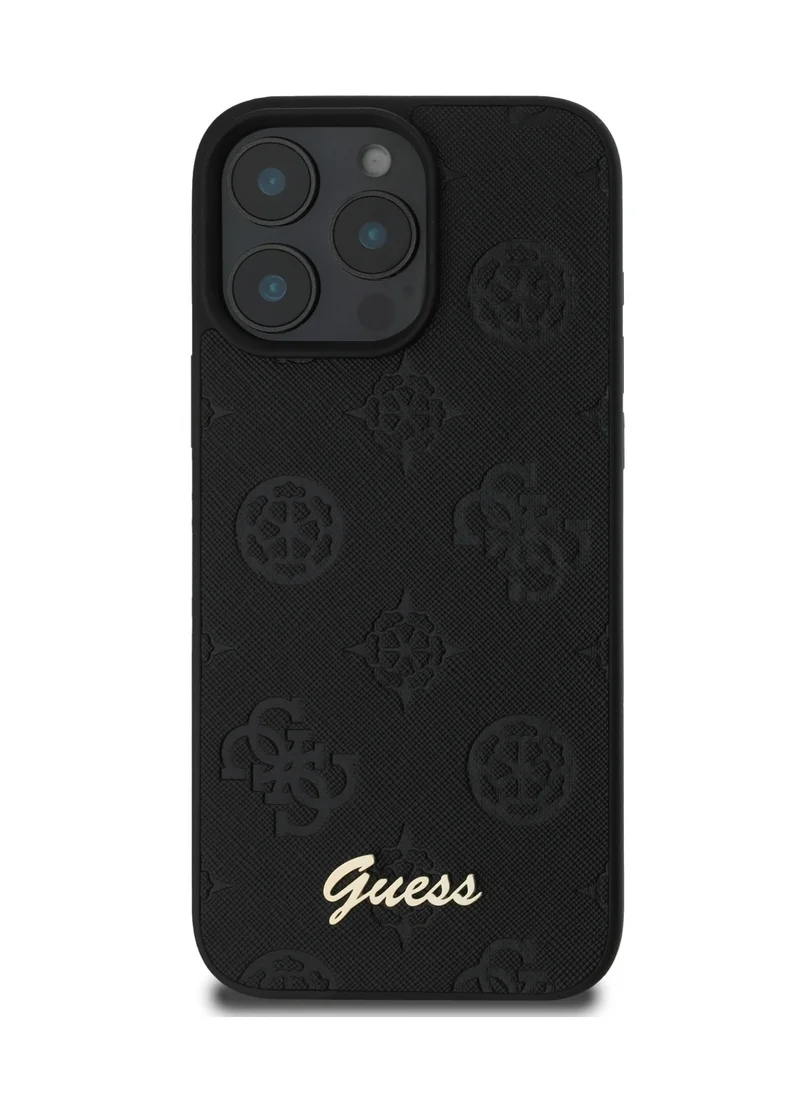 GUESS iPhone 16 Pro Max PU Case With Peony Hot Stamp and Metal Script Logo / Ultimate Protection / Durable Back Cover  - Black