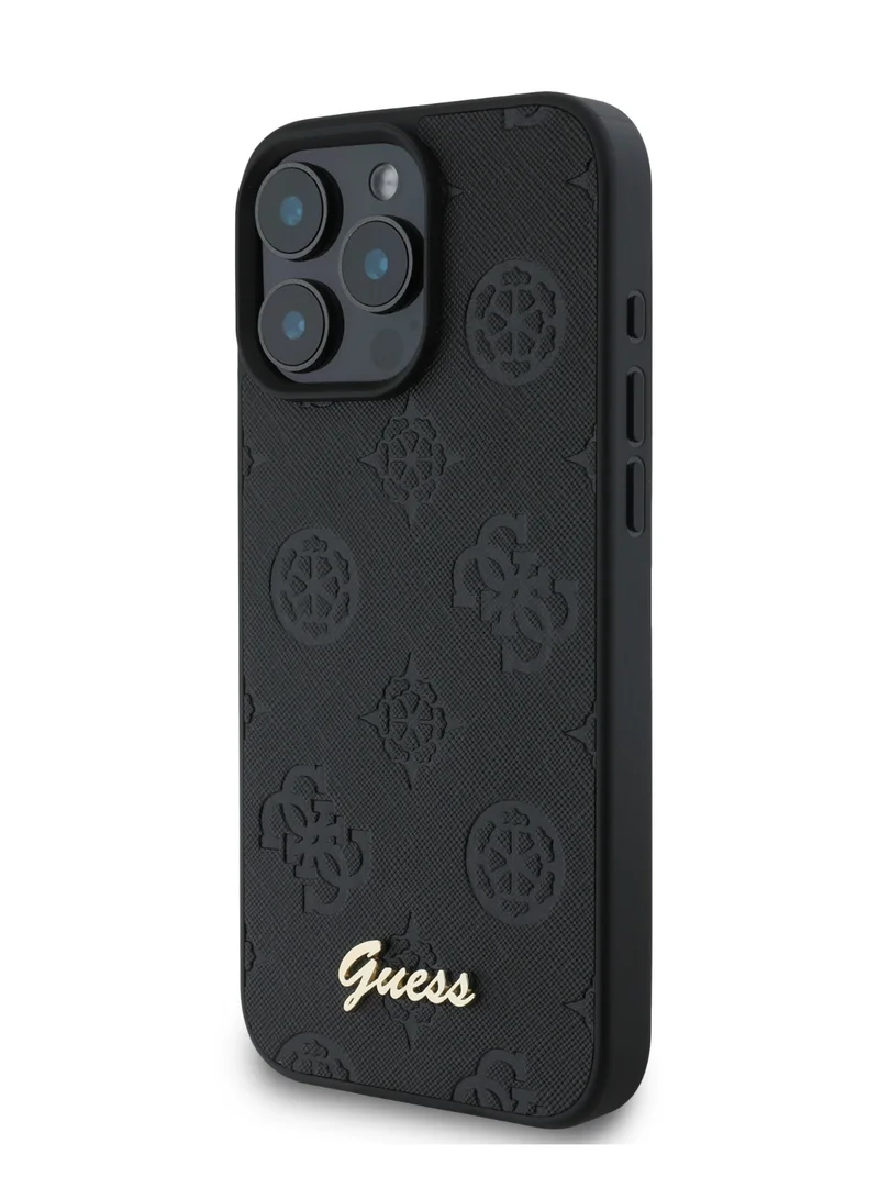 GUESS iPhone 16 Pro Max PU Case With Peony Hot Stamp and Metal Script Logo / Ultimate Protection / Durable Back Cover  - Black