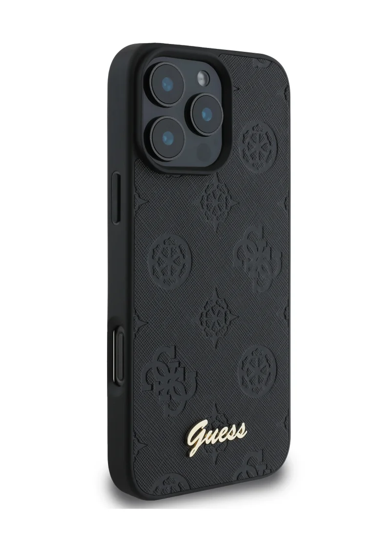 GUESS iPhone 16 Pro Max PU Case With Peony Hot Stamp and Metal Script Logo / Ultimate Protection / Durable Back Cover  - Black