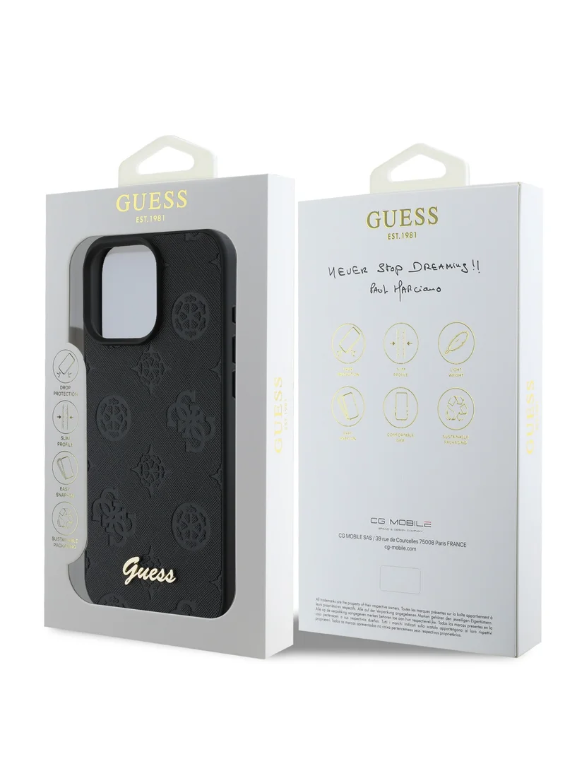GUESS iPhone 16 Pro Max PU Case With Peony Hot Stamp and Metal Script Logo / Ultimate Protection / Durable Back Cover  - Black