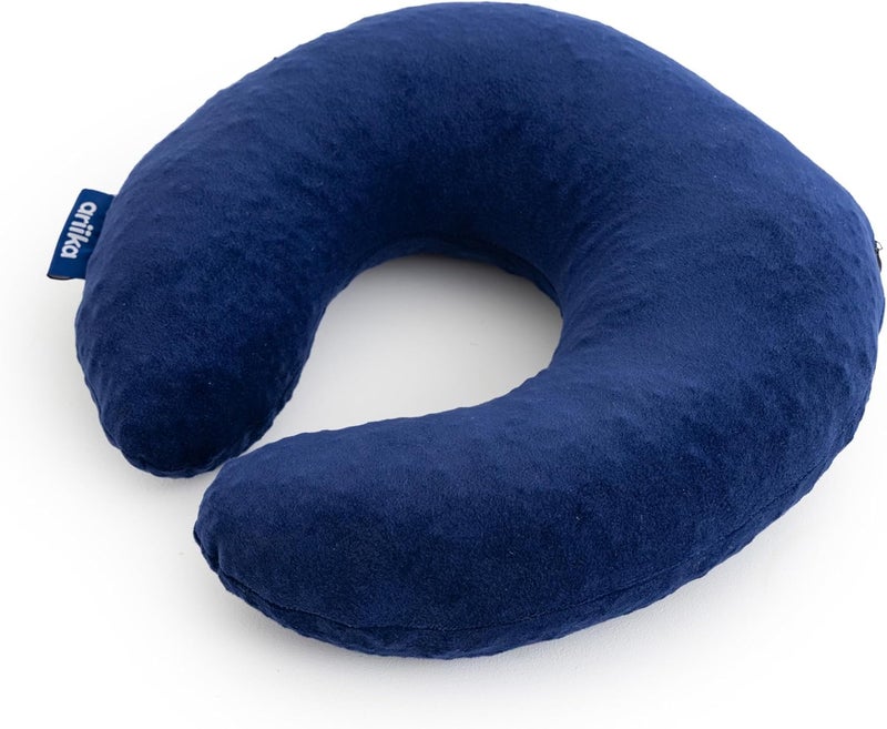 Travel Neck Pillow, Navy Blue Velour, Memory Foam with Zipper - Image 2