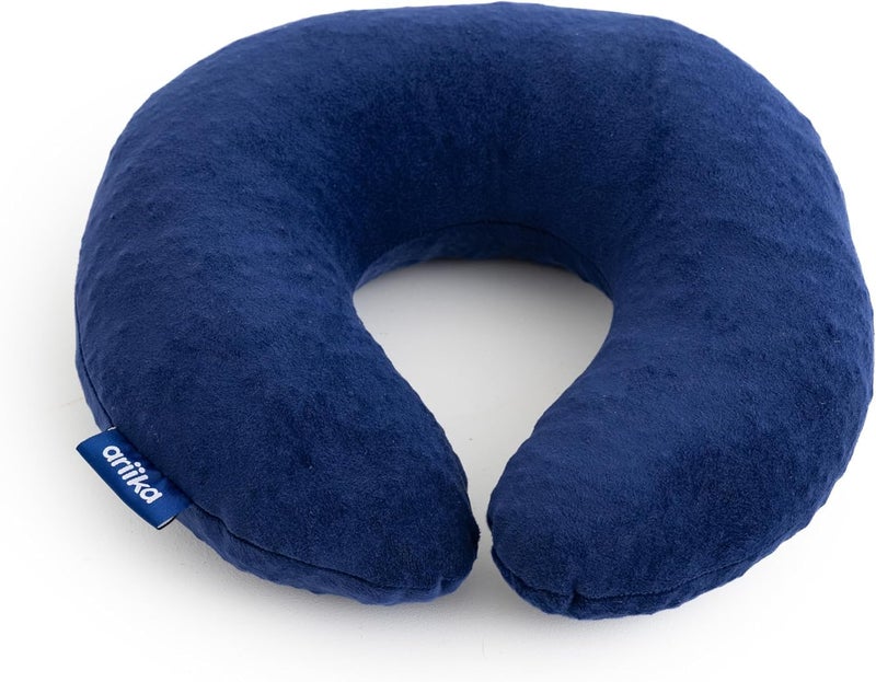 Travel Neck Pillow, Navy Blue Velour, Memory Foam with Zipper - Image 1