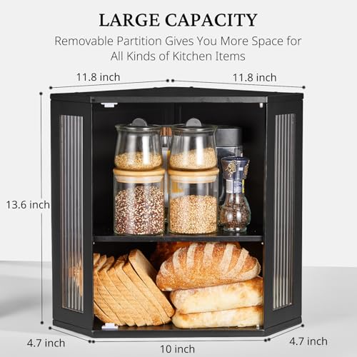 BRONYPRO Corner Bread Box for Kitchen Countertop, Double Layer Bamboo Breadbox with Adjustable Partition, Modern Bread Storage Organizer (Meduim Black) - Image 5