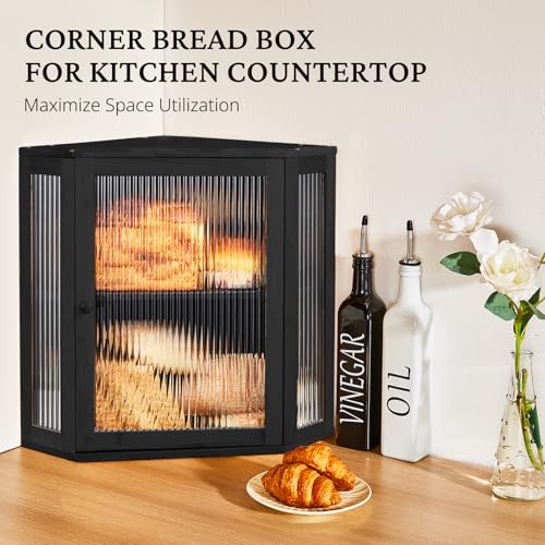 BRONYPRO Corner Bread Box for Kitchen Countertop, Double Layer Bamboo Breadbox with Adjustable Partition, Modern Bread Storage Organizer (Meduim Black) - Image 2