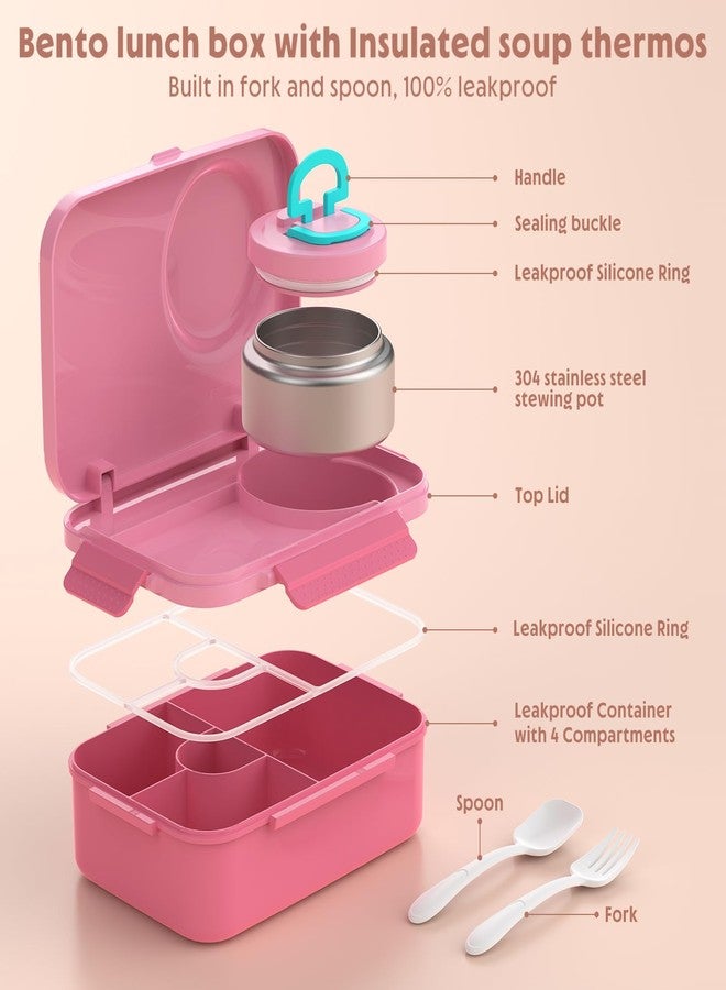 DaCool علبة غداء مطورة للأطفال من داكول مع ترموستات للطعام الساخن، سعة 1400 مل، علبة بينتو للأطفال مع ترموستات صغيرة 5 أونصة، مناسبة للأولاد والبنات، مزودة بشوكة وملعقة، مانعة للتسرب، مثالية لتناول الطعام في الخارج، المدرسة، العمل، النزهات، لون وردي فاتح. - Image 2
