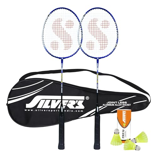 Silvers Silver's Jointless Aluminium Alloy Composite Storm Badminton Kit (2 Racquets with Full Cover, 1 Box Nylon Shuttlecock Pack of 3)(Blue/Silver) - Image 1