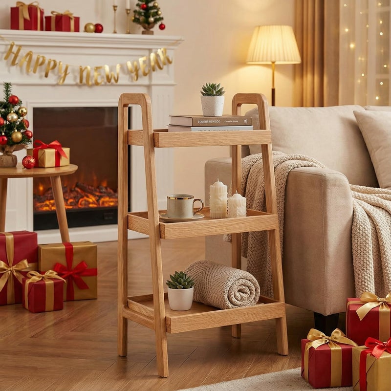 Vadisun 100% Solid Oak 3 Tier Ladder Shelf, Small Bookshelf, Ladder Bookshelf, Bookcase with Stable Frame, Small Table for Living Room Bedroom(Natural, 12.6" L x 17.72" W x 31.5" H) - Image 5