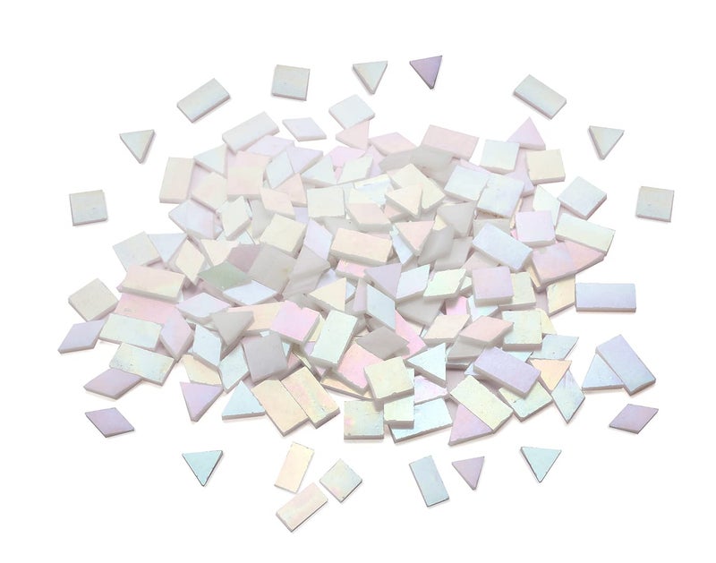 Lanyani Lanyani Glass Mosaic Tiles for Art Crafts,4 Shapes Mixed Tiffany Stained Glass Pieces,200 Pieces,Square/Rectangle/Diamond/Triangle,Iridescent White  - Image 1